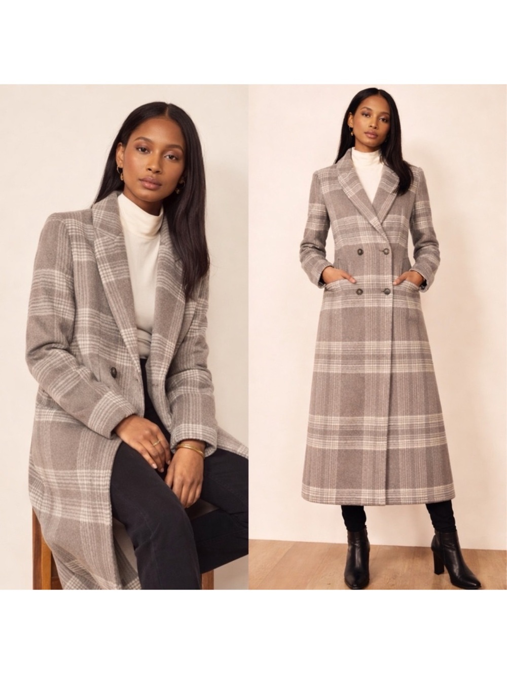 Reformation York Double Breasted Plaid Coat - Size Medium